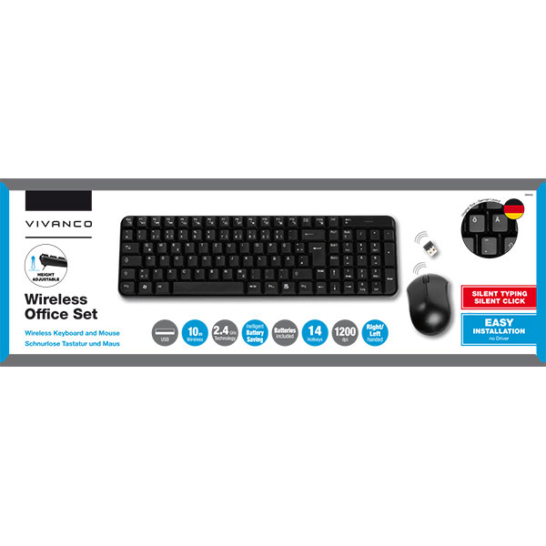 Schwarze kabellose Tastatur, Maus und Empfänger auf weißem Hintergrund.