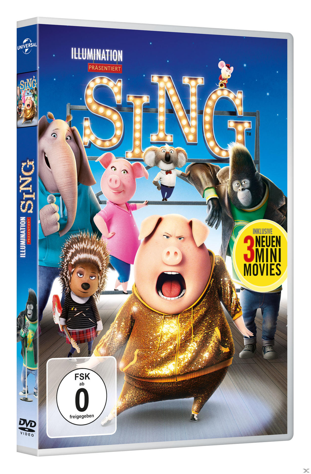 DVD-Hülle für 'Sing' mit animierten Charakteren. Enthält ein Schwein, Elefanten, Gorilla und mehr.