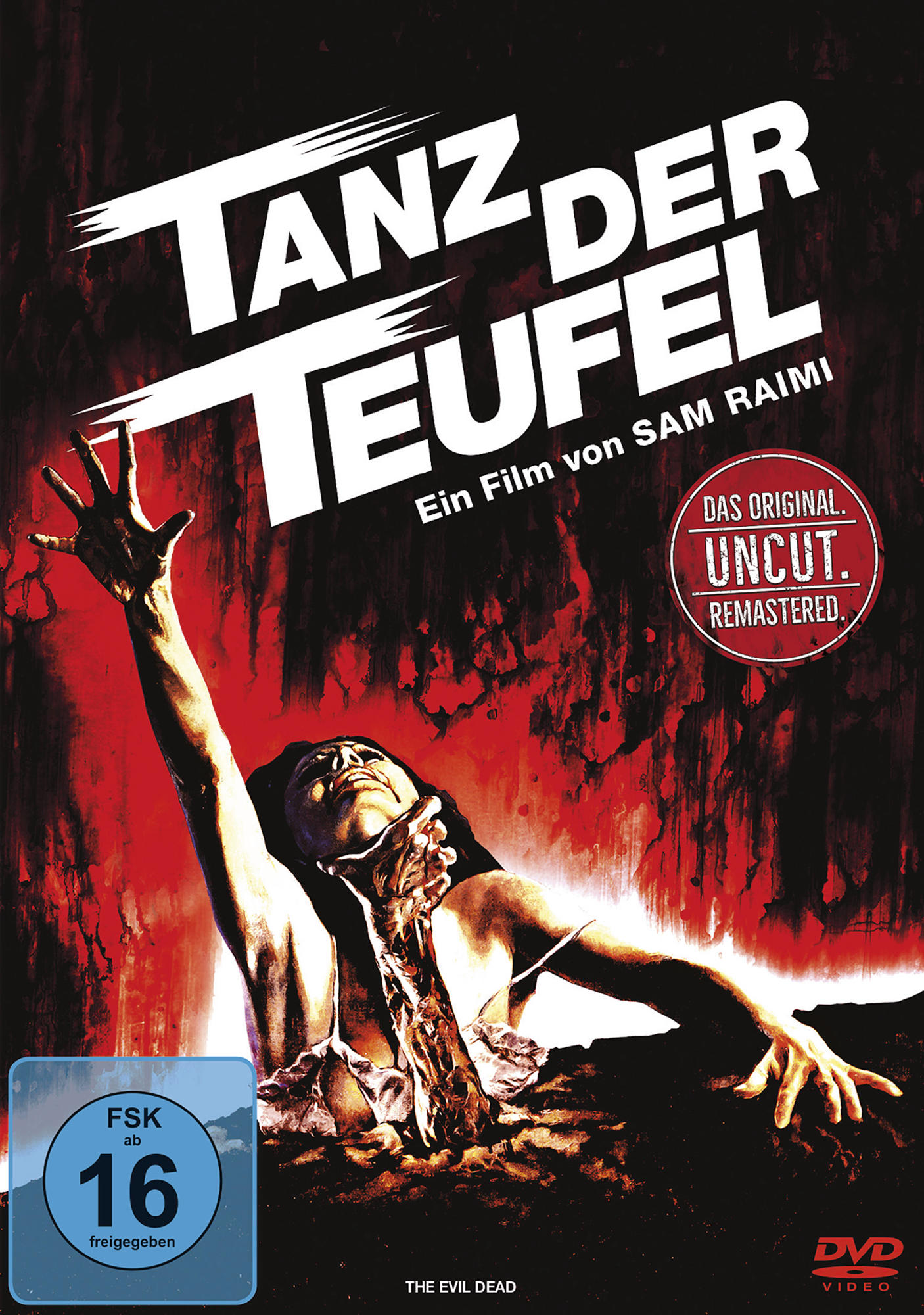 DVD-Cover für den Film Tanz der Teufel, mit einer Frau, die mit rotem Horrorhintergrund greift.