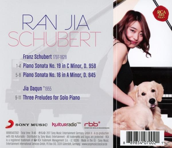 CD-Cover mit Frau und Hund, Titel: Ran Jia Schubert, mit Musikinfo.