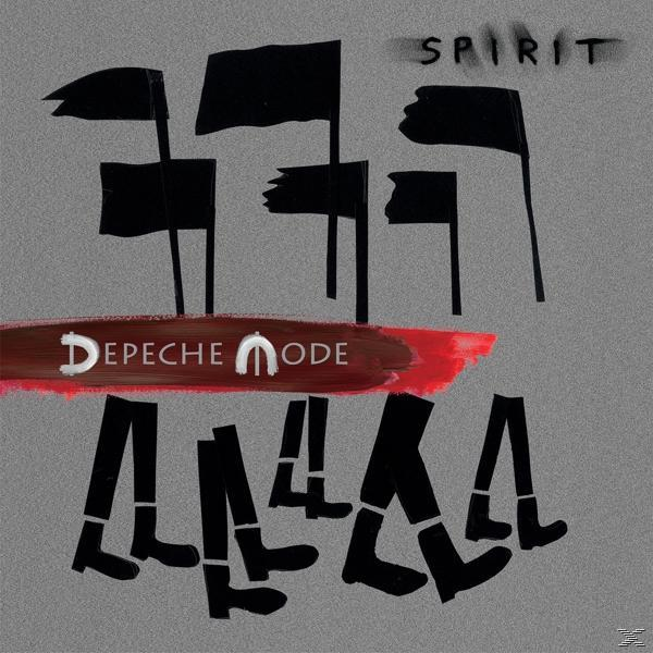 Albumcover von Depeche Mode 'Spirit'. Schwarze Fahnen und Beine, die auf grauem Hintergrund gehen.