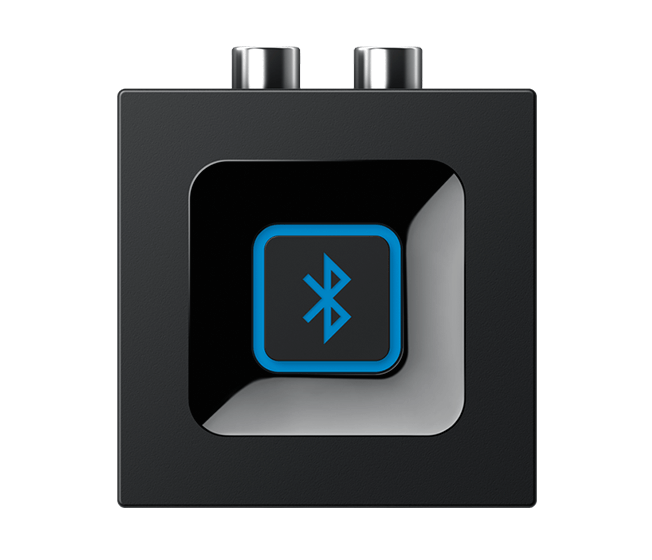 Zwarte Bluetooth audio-ontvanger met een blauw Bluetooth-symbool.