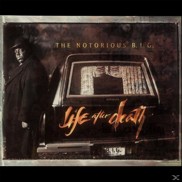 Albumcover 'Life After Death' von The Notorious B.I.G. mit Leichenwagen und Künstlerbild.