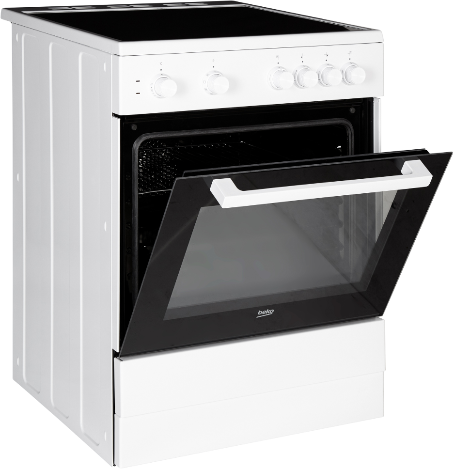 White oven with open door, showing interior. Knobs and controls at top.