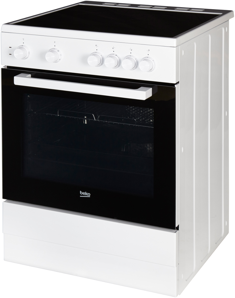 White Beko oven with black glass door. Controls on top. White background.
