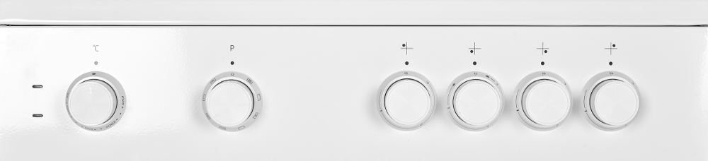 White stove control panel with dials and markings for temperature and power.