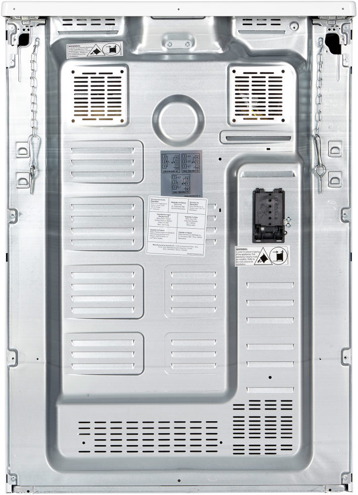 Back of a white oven. It has air vents, information stickers, and metal components.