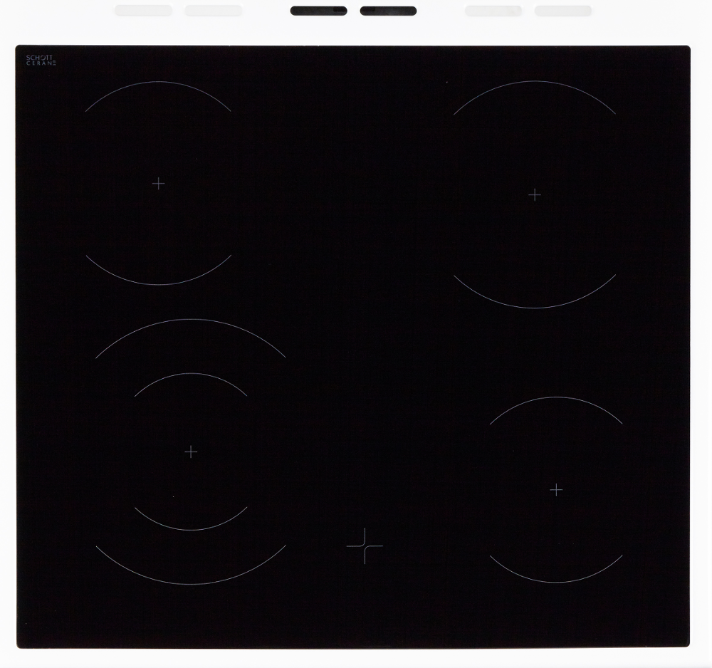 A black electric cooktop with four circular heating elements and a white border.