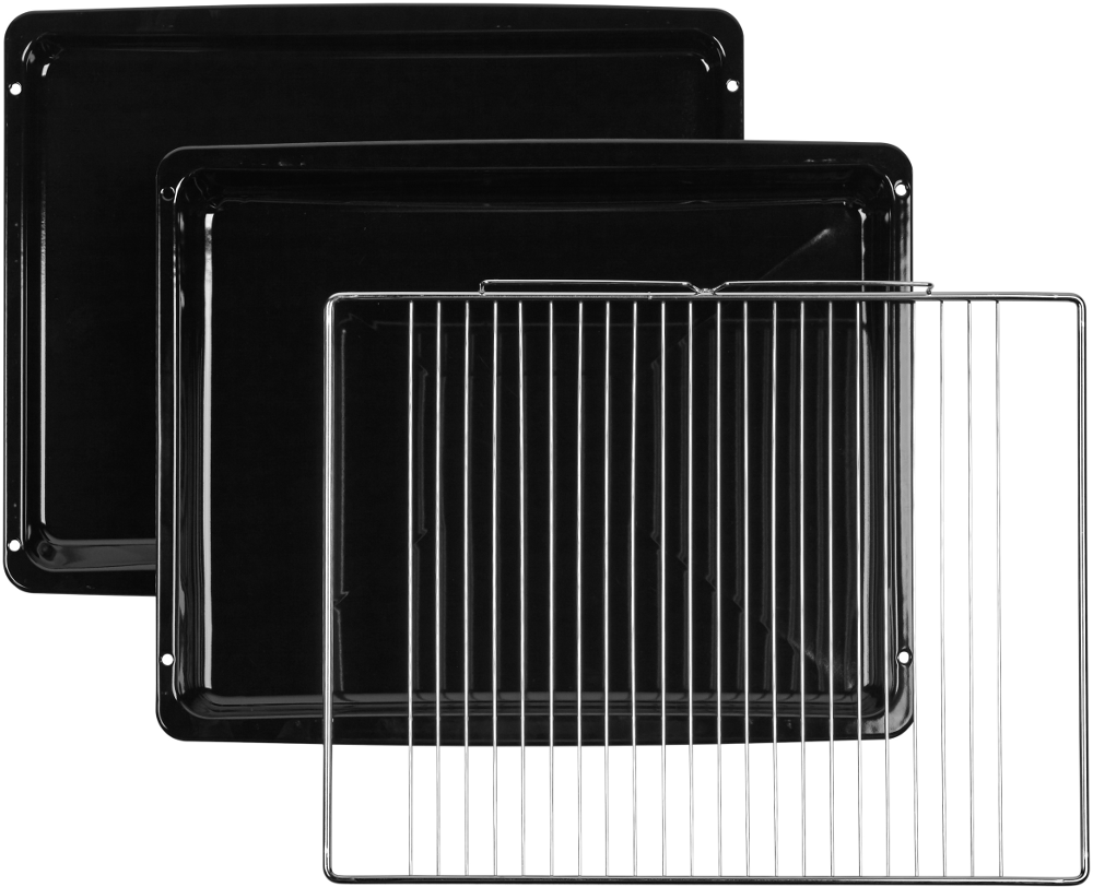Oven trays and a wire rack. Black trays, silver rack. All on a white background, top view.
