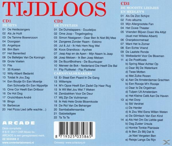 Tracklist van het album TIJDLOOS met drie cd's, songtitels en artiestennamen.