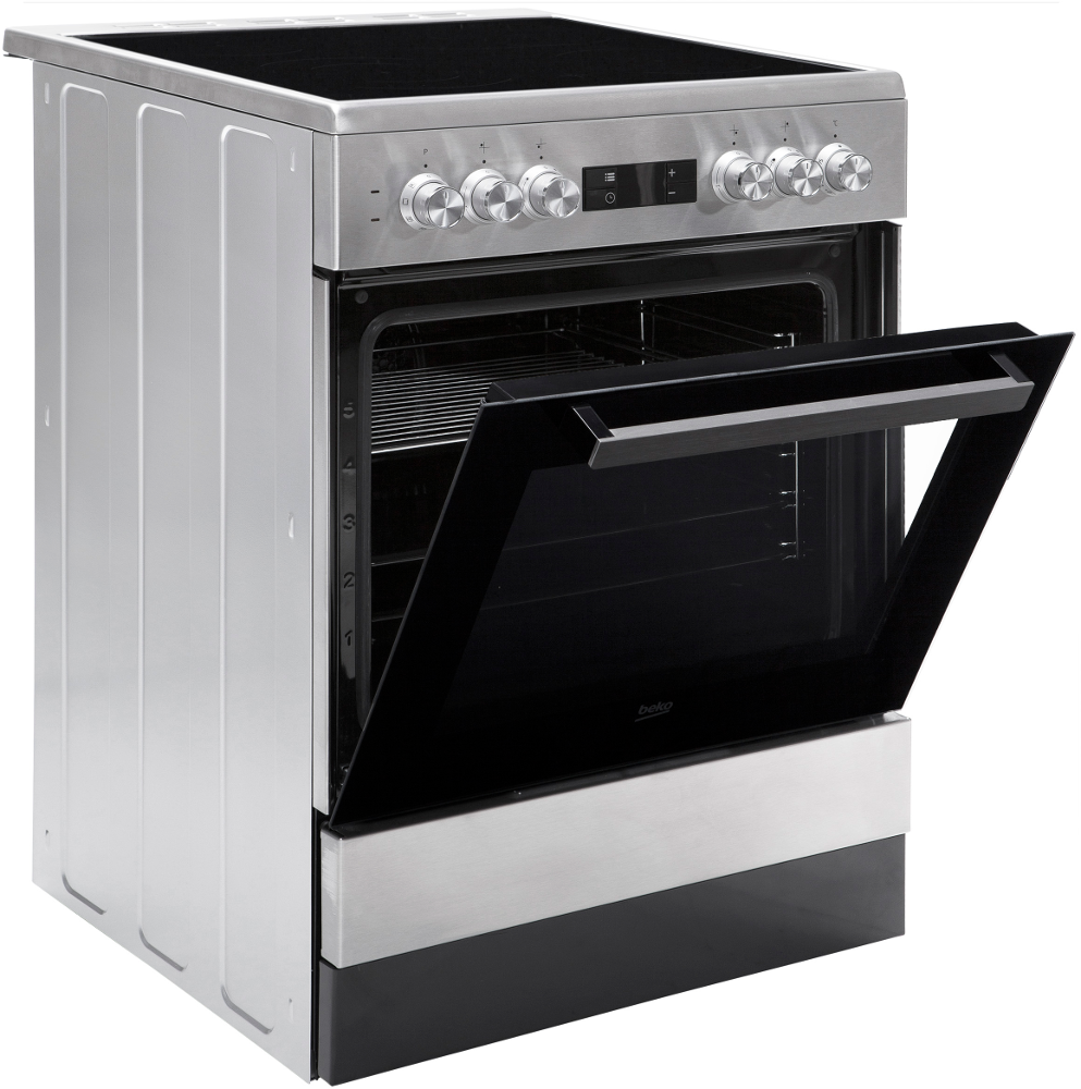 Een roestvrijstalen Beko-oven met een open zwarte glazen deur. Knoppen en een digitaal display bevinden zich bovenop.