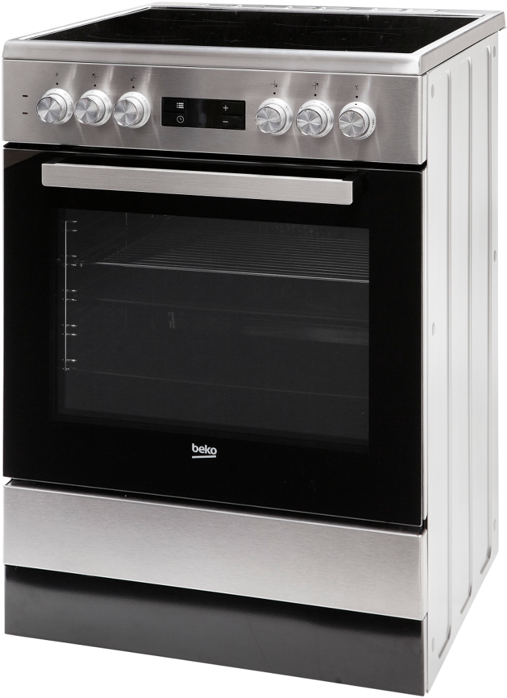 Een roestvrijstalen Beko-oven wordt getoond. Het heeft een zwarte glazen deur, een bedieningspaneel met knoppen en een zwart kookveld.