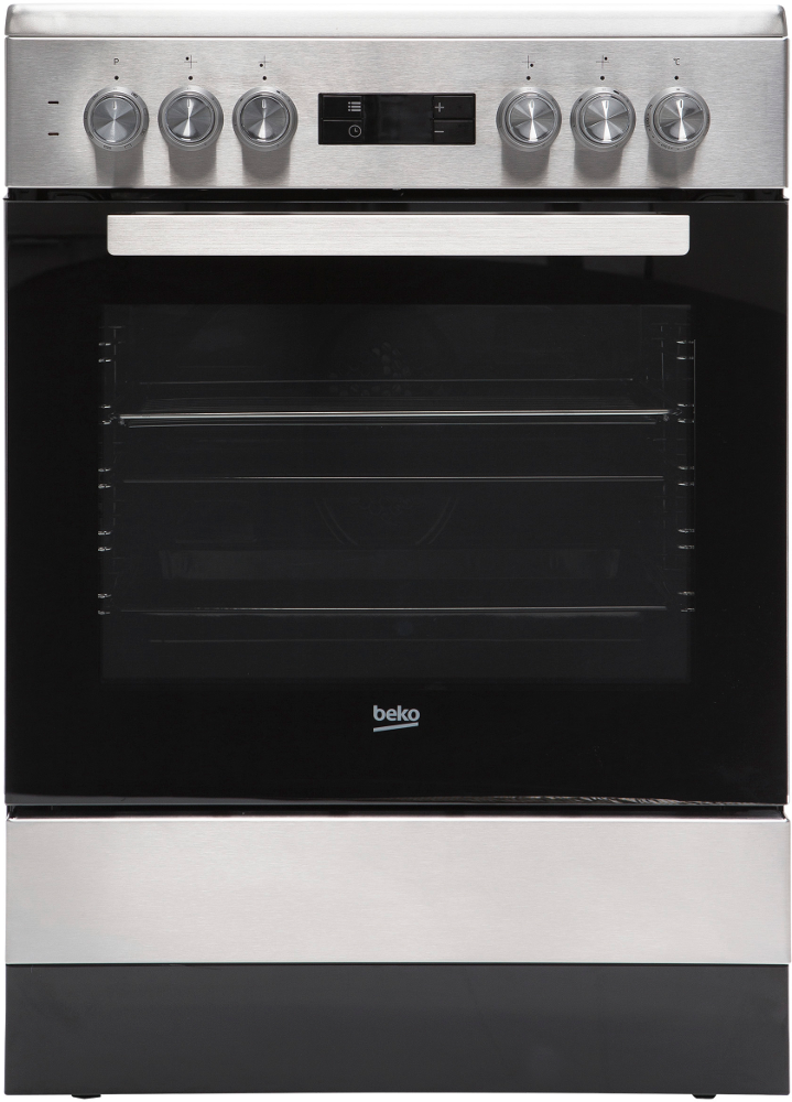 Een roestvrijstalen Beko-oven met een zwarte glazen deur. Het heeft knoppen en een digitaal display.