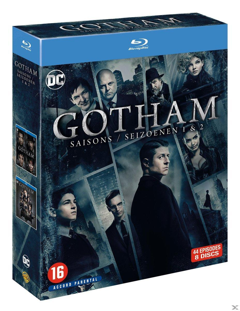 A DVD box set for 'Gotham' seasons 1 & 2 with various characters and actors on the cover.
