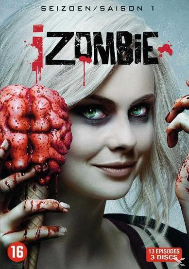 iZombie DVD-hoes. Vrouw met witte huid, groene ogen, houdt een hersen-ijsje vast. Bloederige details.