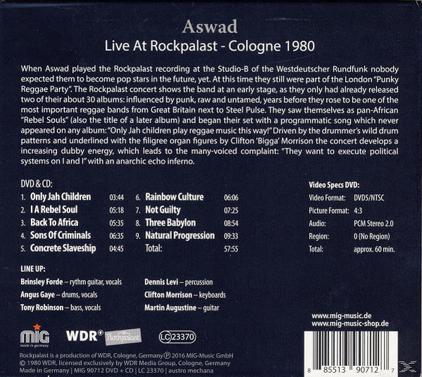 Rückseite einer CD-Hülle mit Text und Titellisten. Der Titel lautet Aswad Live At Rockpalast-Cologne 1980.