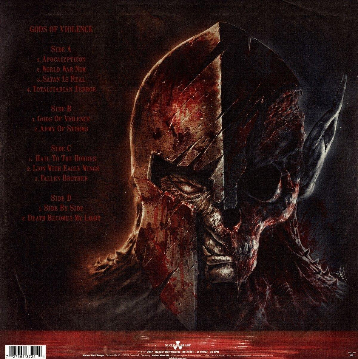 Rückseite eines Albums mit einem Helmgesicht und Songtiteln. Rot und schwarz.