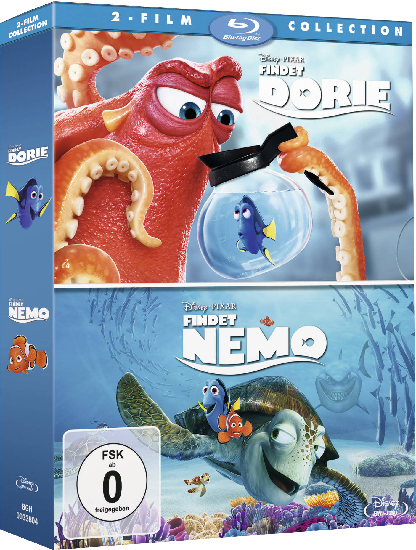 Filmbox-Set: Findet Dorie und Findet Nemo. Ein Oktopus hält einen Fischbehälter mit Dorie. Nemo und eine Schildkröte sind ebenfalls zu sehen.