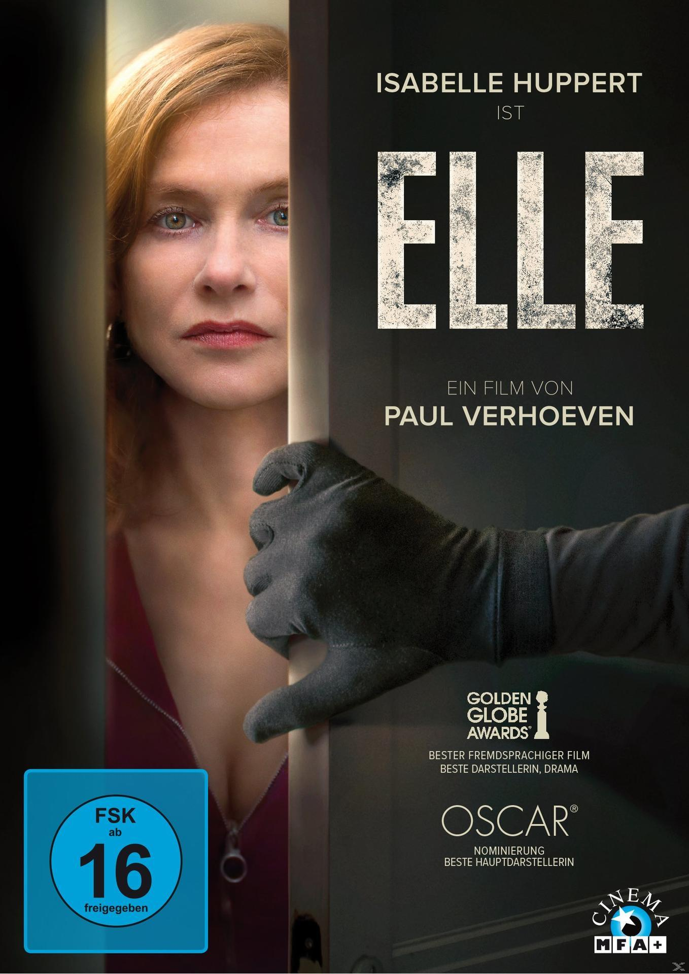 Filmposter für Elle. Isabelle Hupperts Gesicht und eine Hand. Titel, Filmtitel und Altersfreigabe sichtbar.