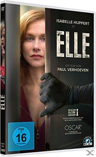 DVD-Hülle für den Film "Elle", mit einer Frau, die durch eine Tür blickt, und einem Mann mit Handschuh.
