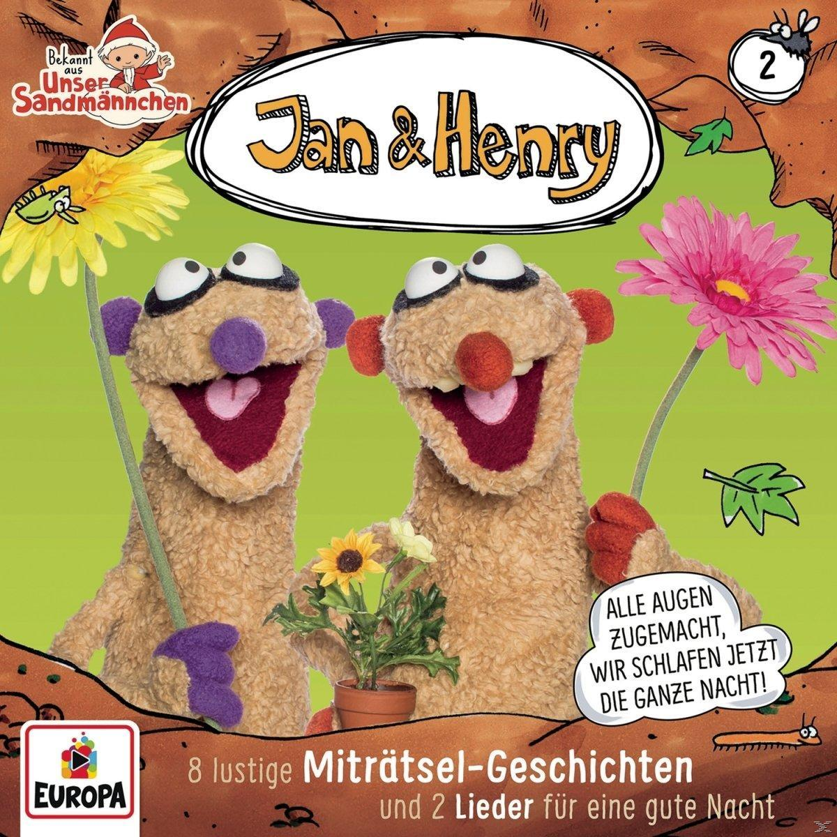 Zwei Puppencharaktere, Blumen, Text: Jan & Henry, Cartoonbild.