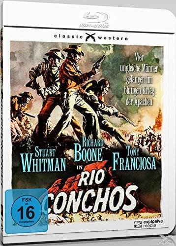 Blu-ray-Cover: Rio Conchos. Cowboys schießen. Filmtitel unten.