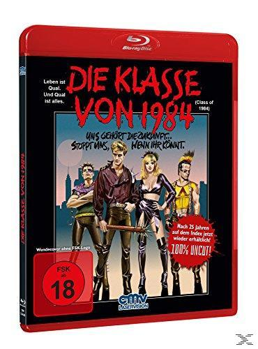 DVD-Cover für 'Die Klasse von 1984'. Es zeigt eine Gruppe von Leuten mit Filmtitel auf rotem Hintergrund.