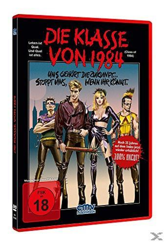 DVD-Cover für Die Klasse von 1984. Zeigt vier Personen in futuristischem, stilisiertem Umfeld.