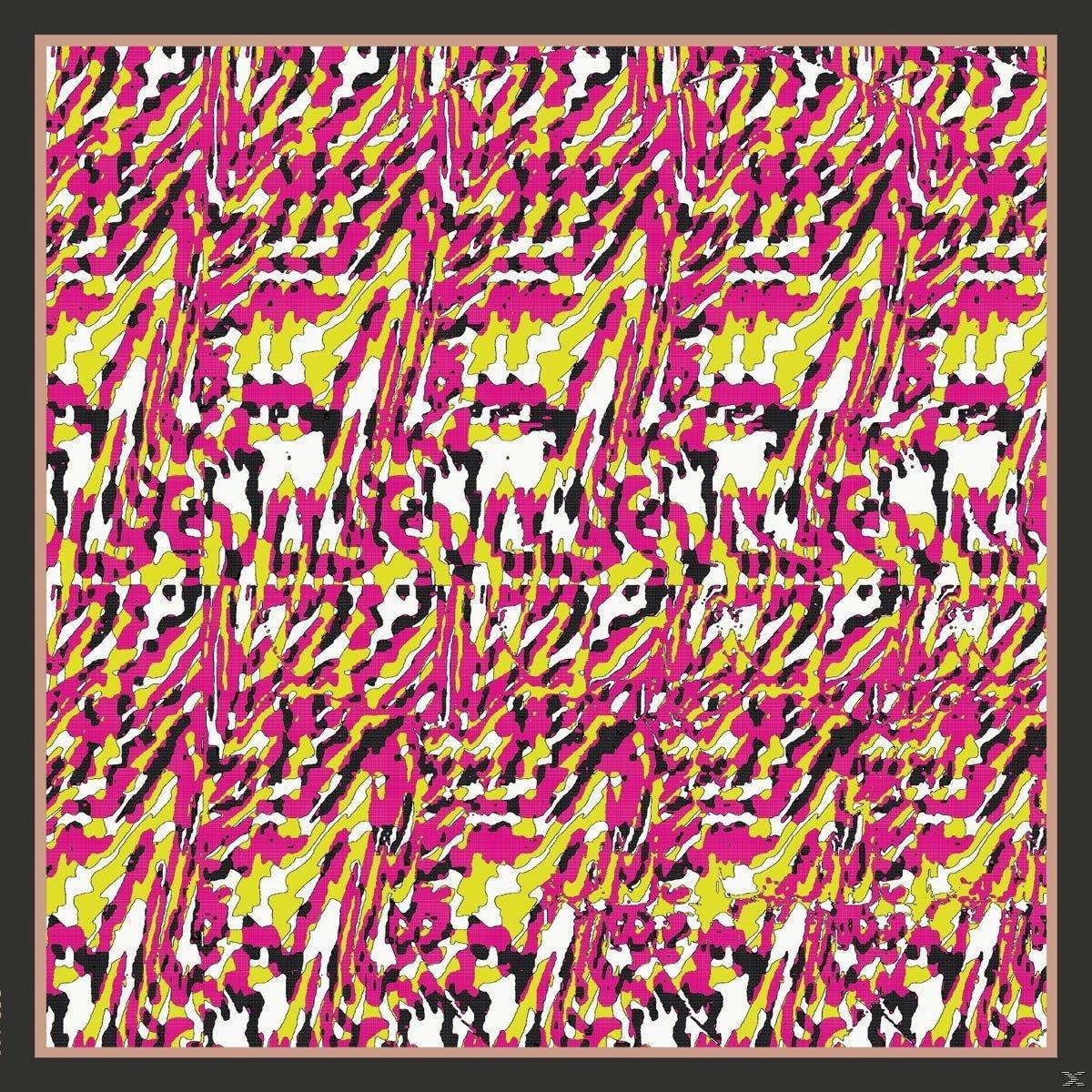 Abstraktes Muster auf einem Schal. Rosa, gelbe, schwarze und weiße Streifen. Geometrisches Design.
