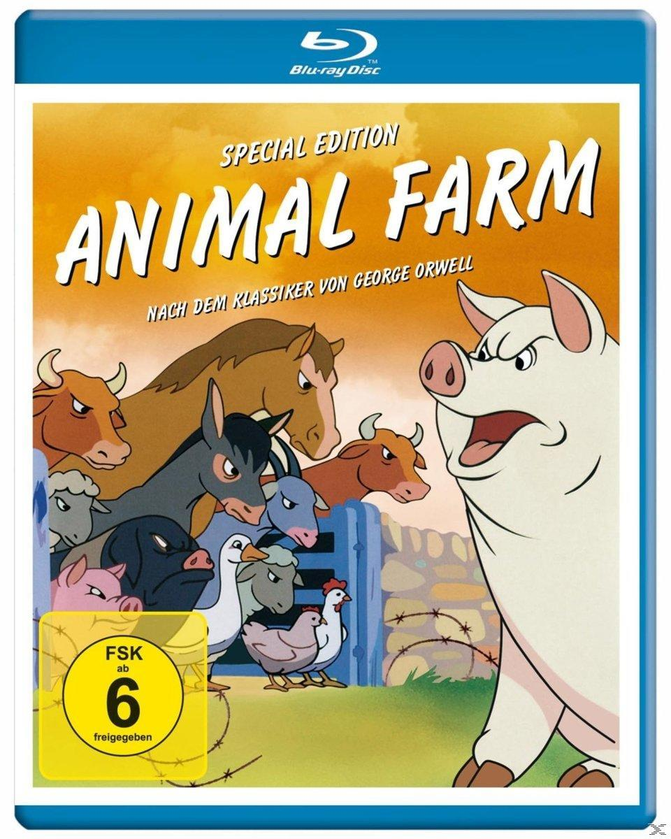 Cartoon-Tiere auf einem Blu-ray-Cover: Schwein, Kühe, Pferd, Schafe und Hühner. Titel: Animal Farm.