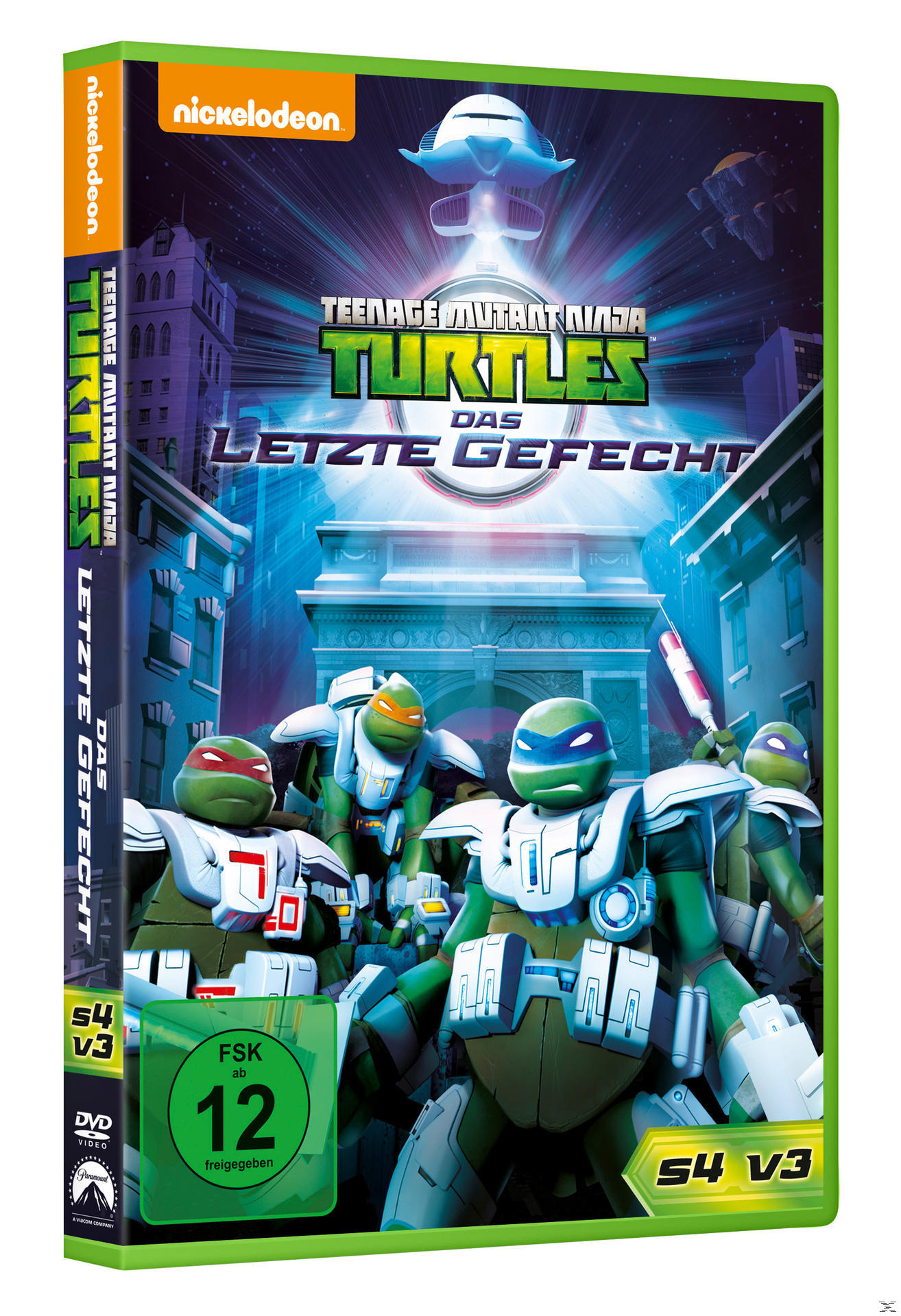 DVD-Cover eines Zeichentrickfilms mit Panzerschildkröten. Gebäude im Hintergrund.