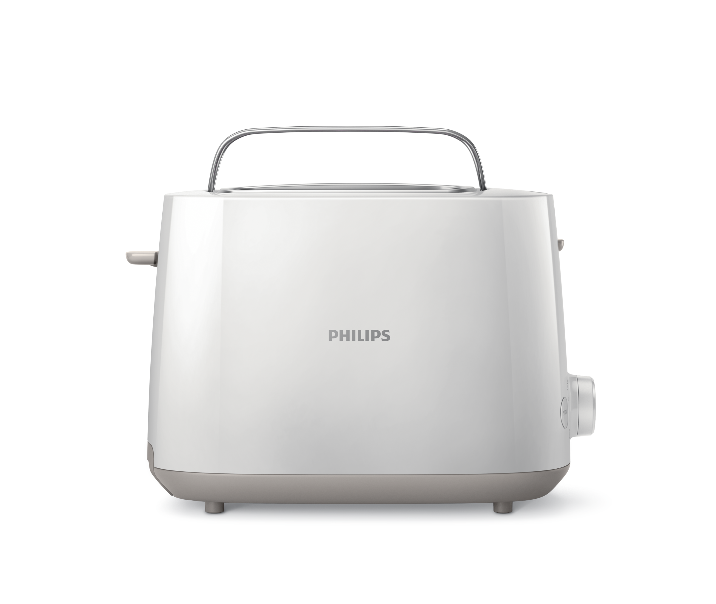 Witte Philips broodrooster met een handvat en een draaiknop. De basis is grijs.