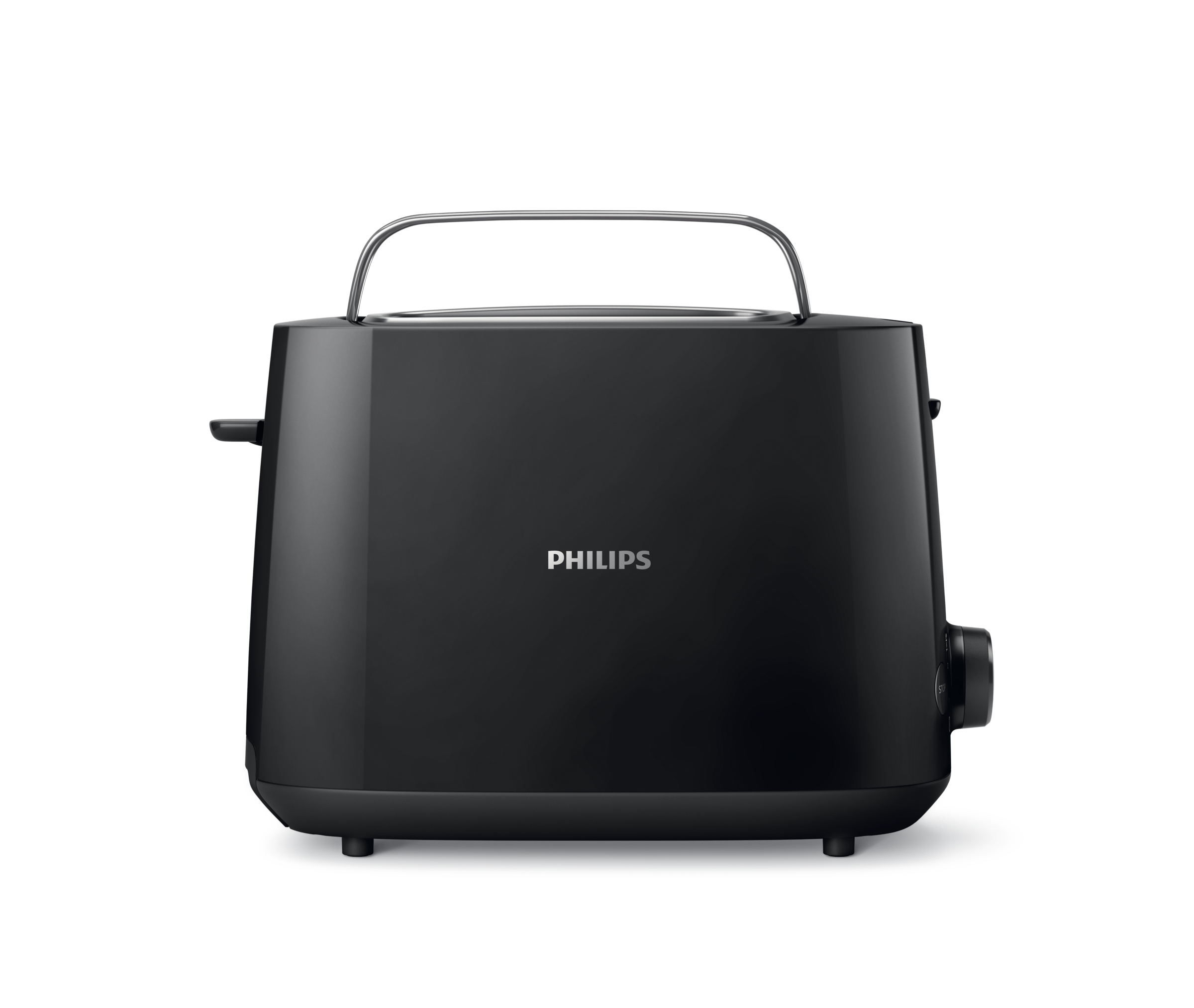 Zwarte Philips broodrooster. Voorzien van een hendel en een draaiknop. Geplaatst op een wit oppervlak. De merknaam is zichtbaar.