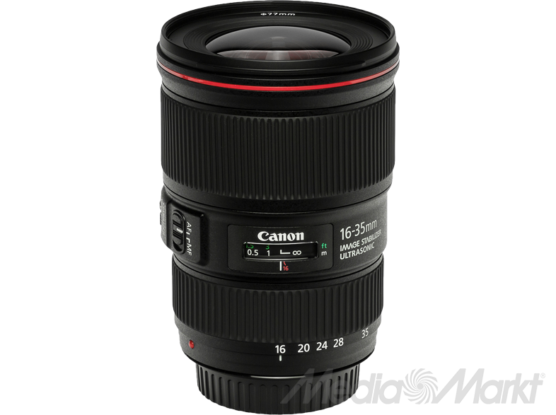 Canon 16-35mm objektív számokkal és gyűrűkkel, fekete és piros.