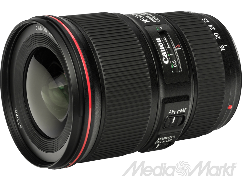 Canon 16-35mm ultra-széles objektív, piros gyűrűvel, fekete testtel, MediaMarkt logóval.