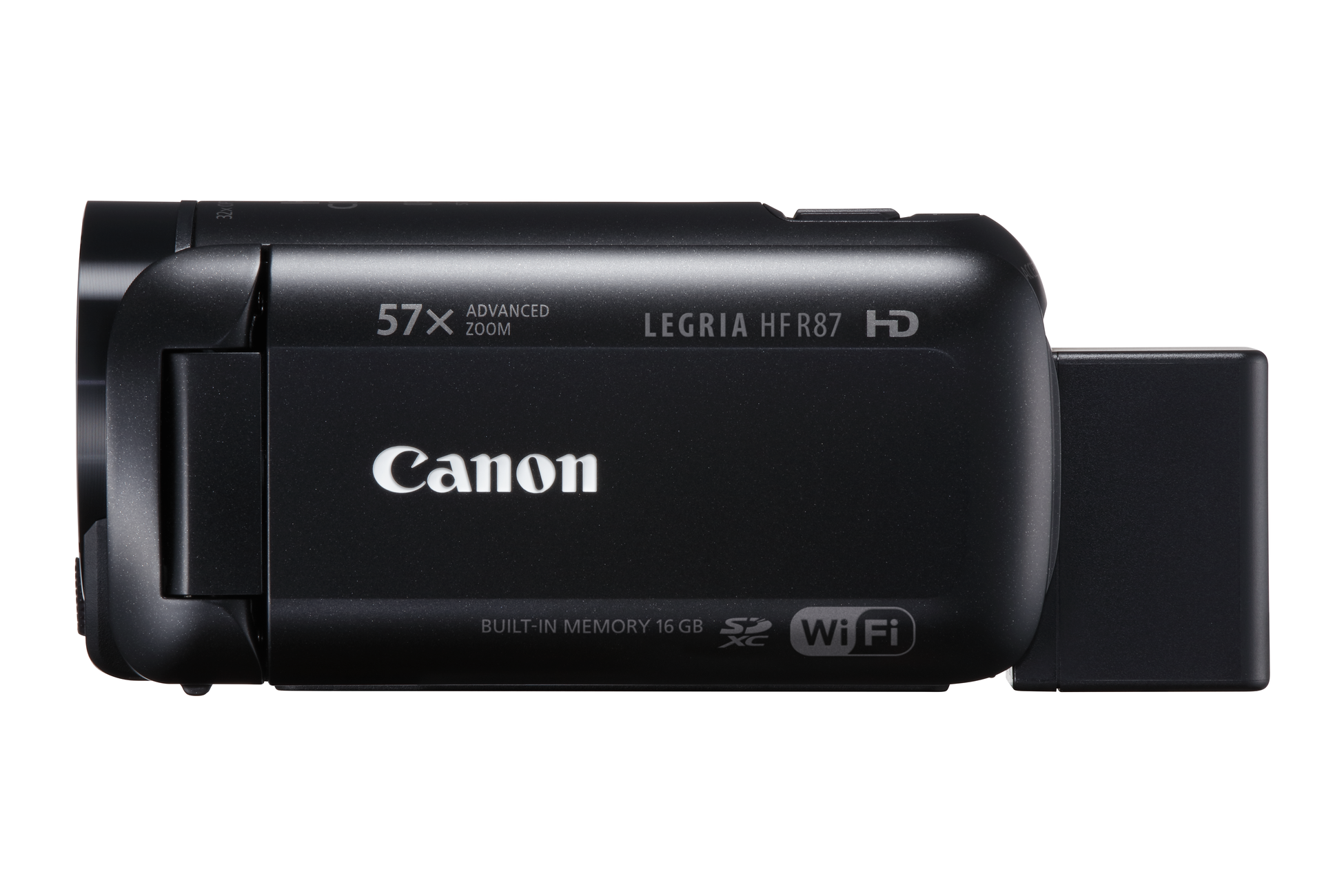 Een zwarte Canon Legria HFR87 HD camcorder, met het Canon-logo en diverse functies.