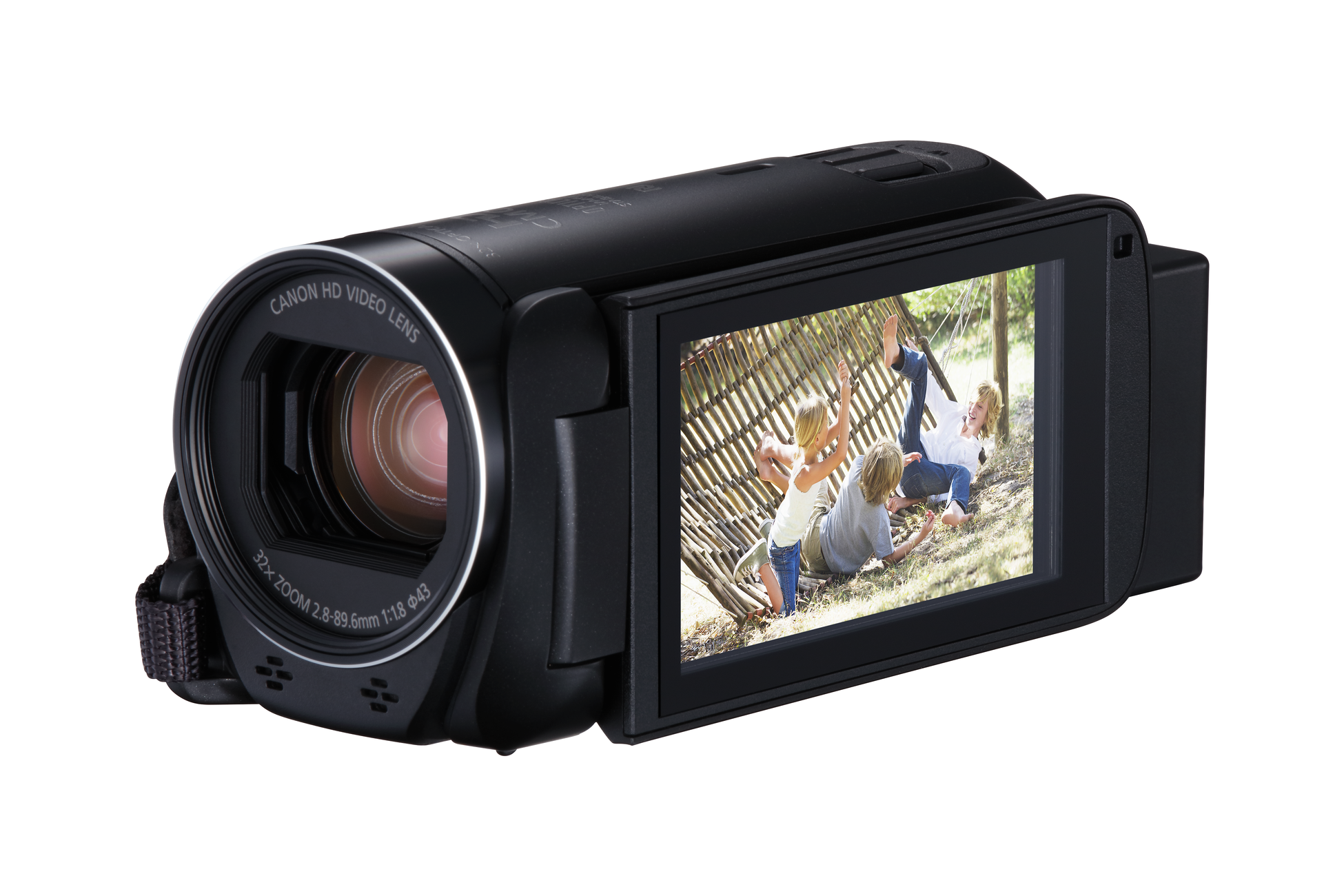 Zwarte Canon camcorder met open scherm waarop mensen op een speeltuin te zien zijn.
