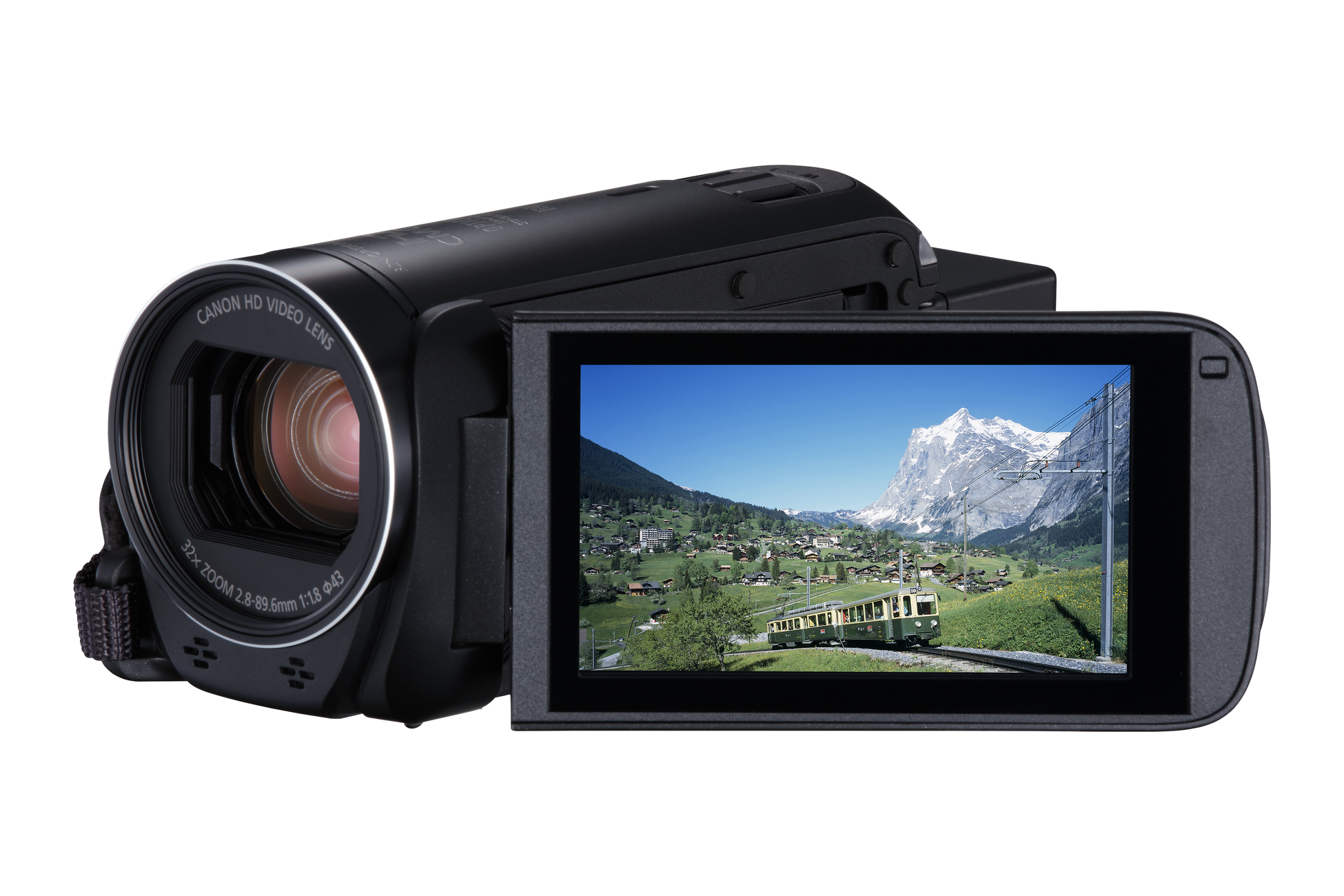 Zwarte Canon camcorder met een berglandschap op het scherm.