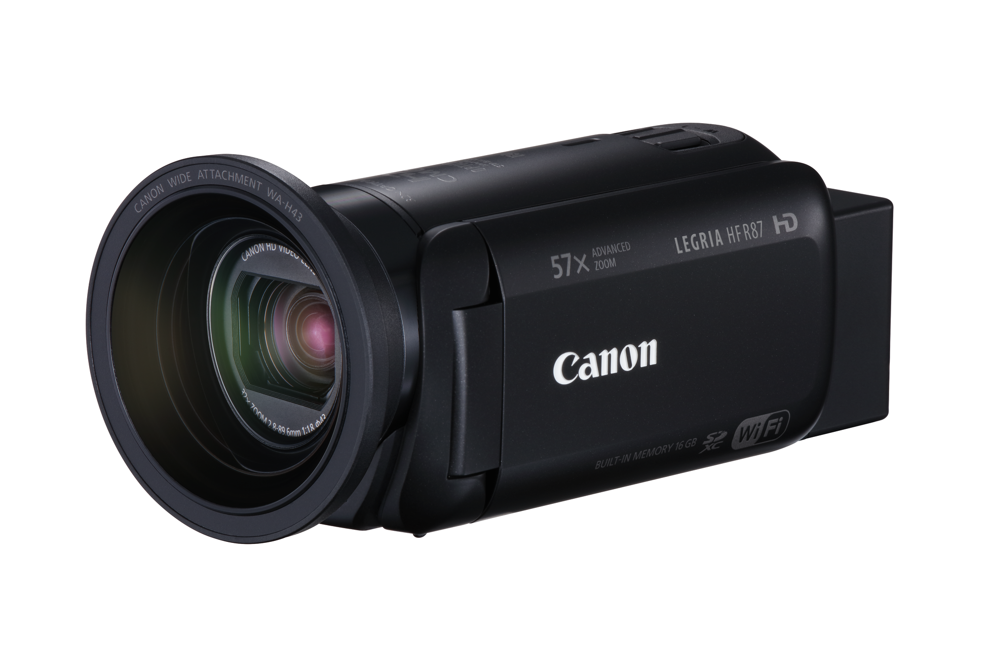 Een zwarte Canon-camcorder met een lens, een scherm en het Canon-logo.