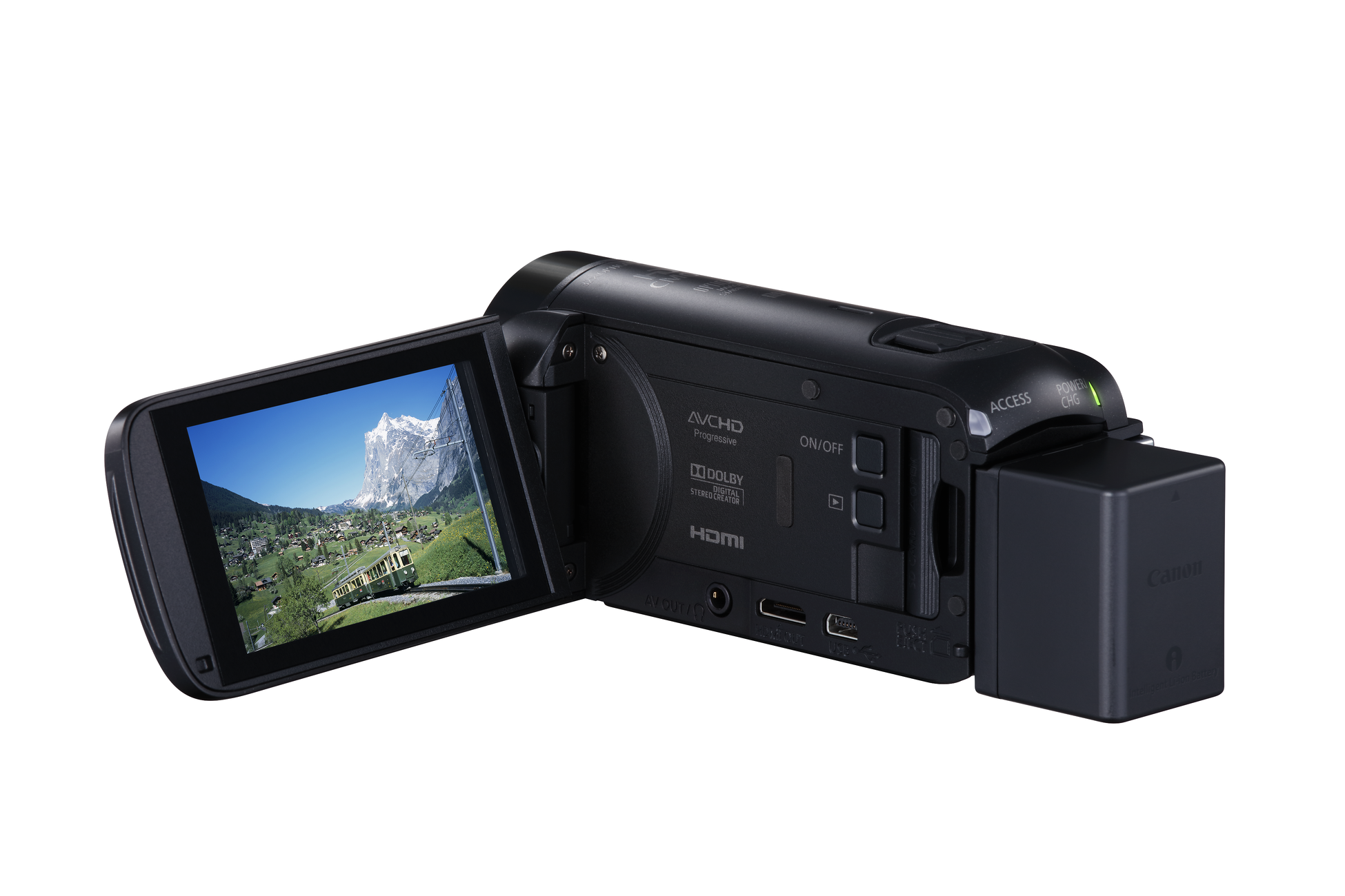 Zwarte videocamera met open scherm. Een berg- en meerlandschap op het scherm.