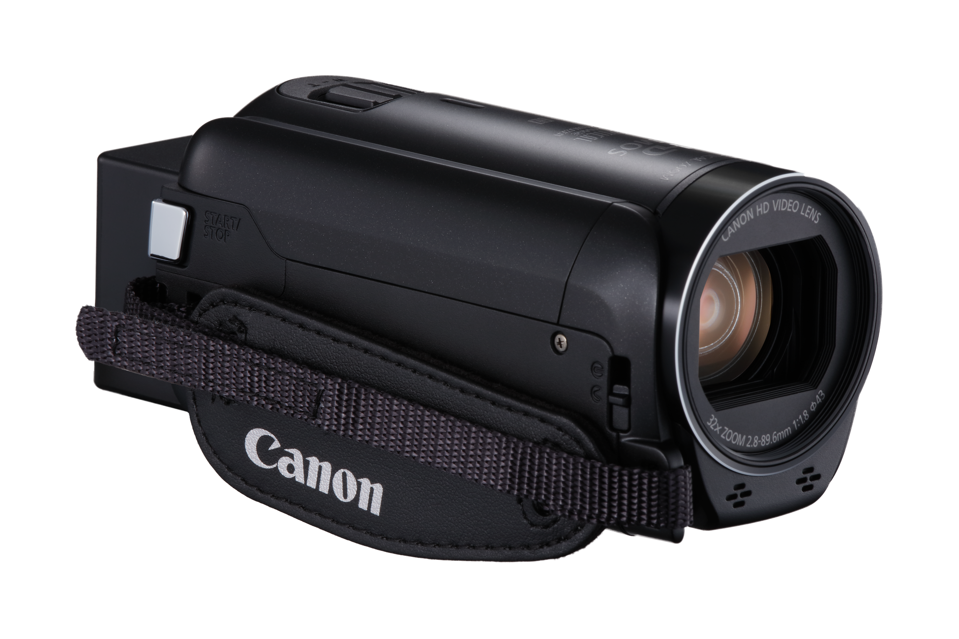 Een zwarte Canon camcorder met een lens en een handriem.