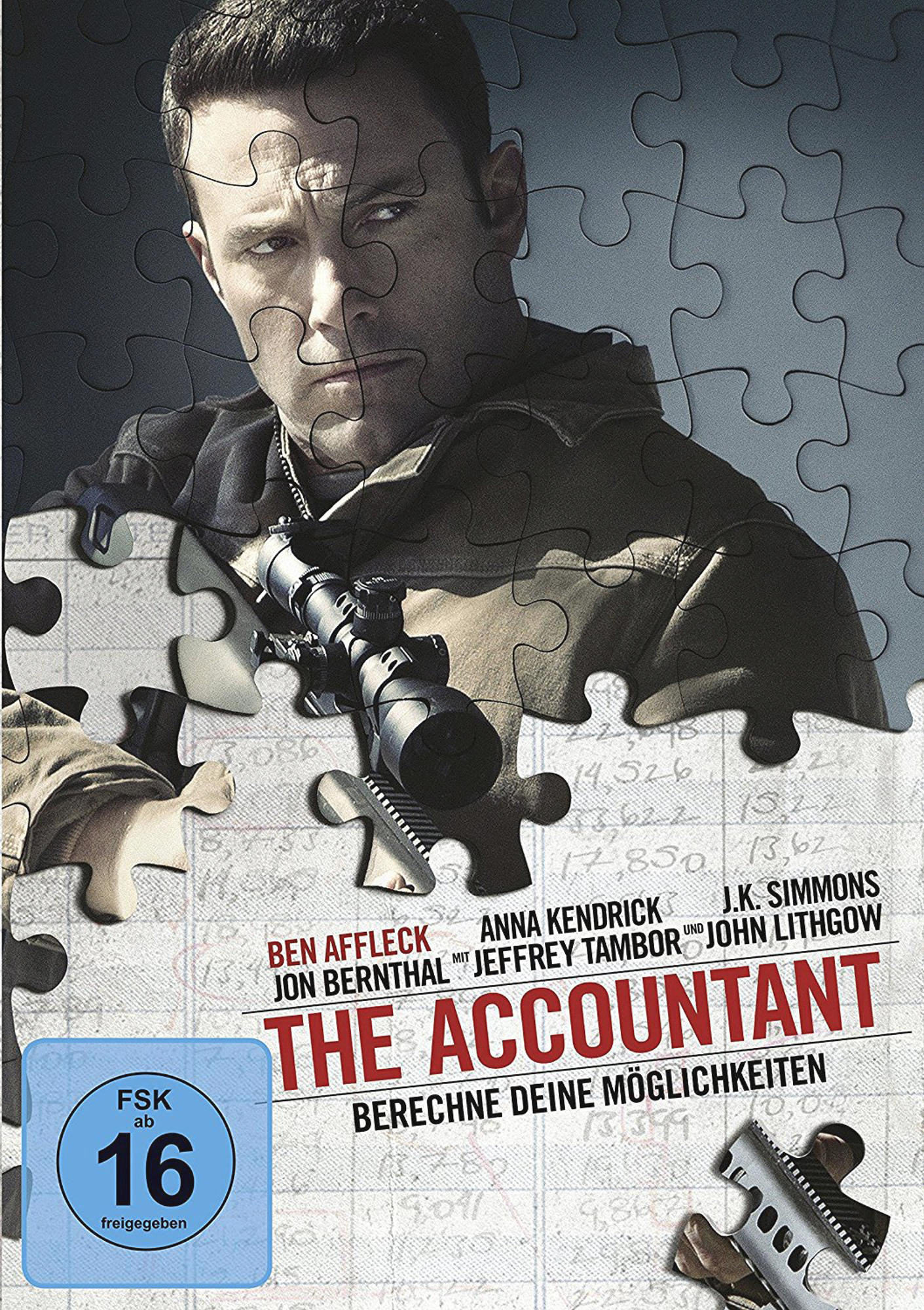 DVD-Hülle von 'The Accountant' mit Ben Affleck. Bild ist teilweise durch Puzzleteile verdeckt.