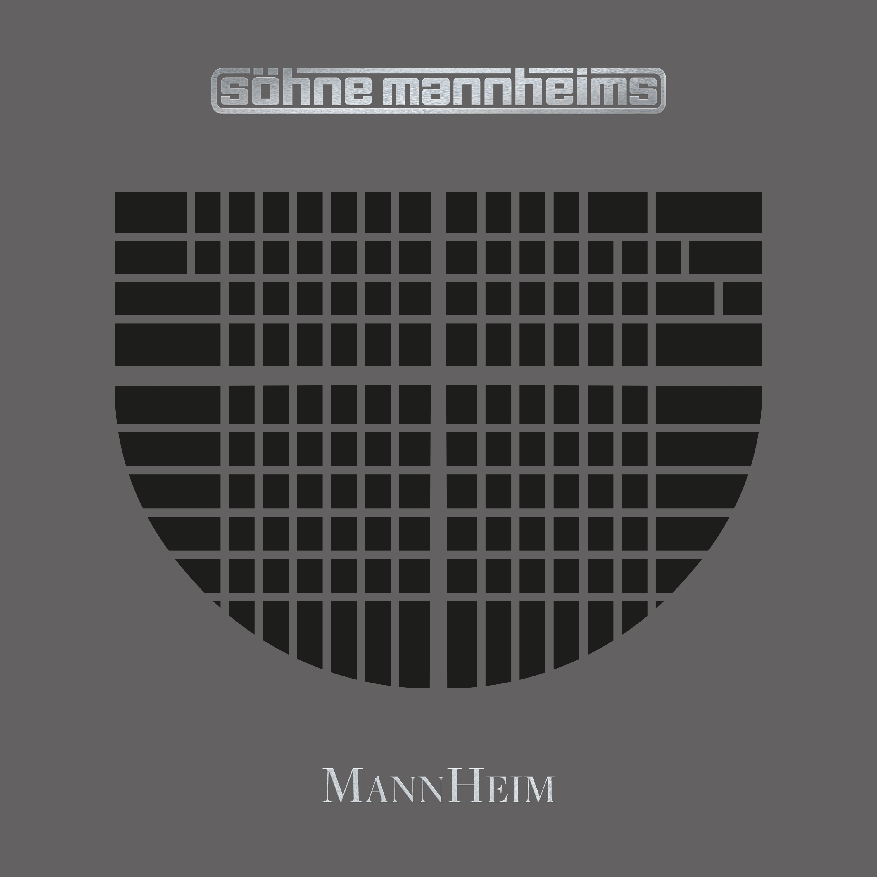 Grauer Hintergrund mit Rasterdesign. 'Sohne Mannheims' oben, 'MannHeim' unten.