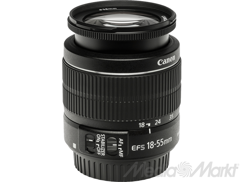 Canon EF-S 18-55mm objektív, fekete, fókusz- és stabilizátor vezérlőkkel.