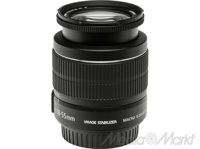 Fekete kamera lencse, 'IMAGE STABILIZER' felirattal. Makró lencse, 18-55mm.