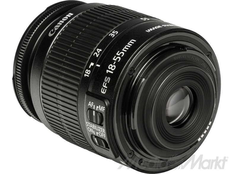Canon EFS 18-55mm objektív, fekete, fókusz- és stabilizátor vezérlőkkel.