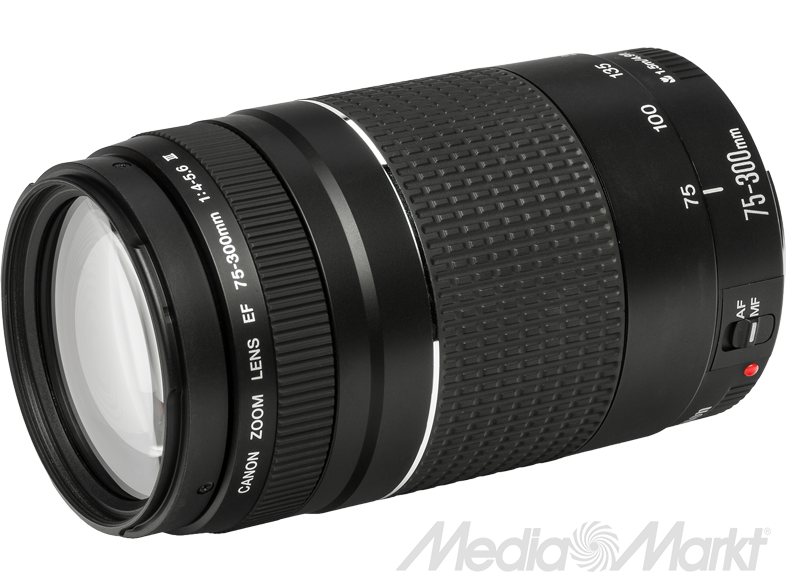 Canon Zoom Lens 75-300mm. Fekete objektív fehér szöveggel.