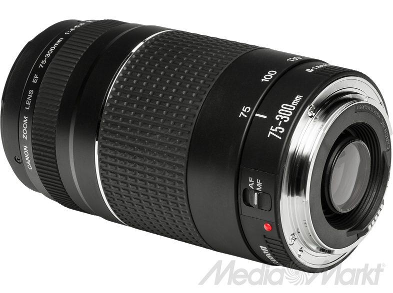 Canon zoom objektív fekete testtel és ezüst gyűrűkkel, '75-300mm' és 'EF' felirattal.