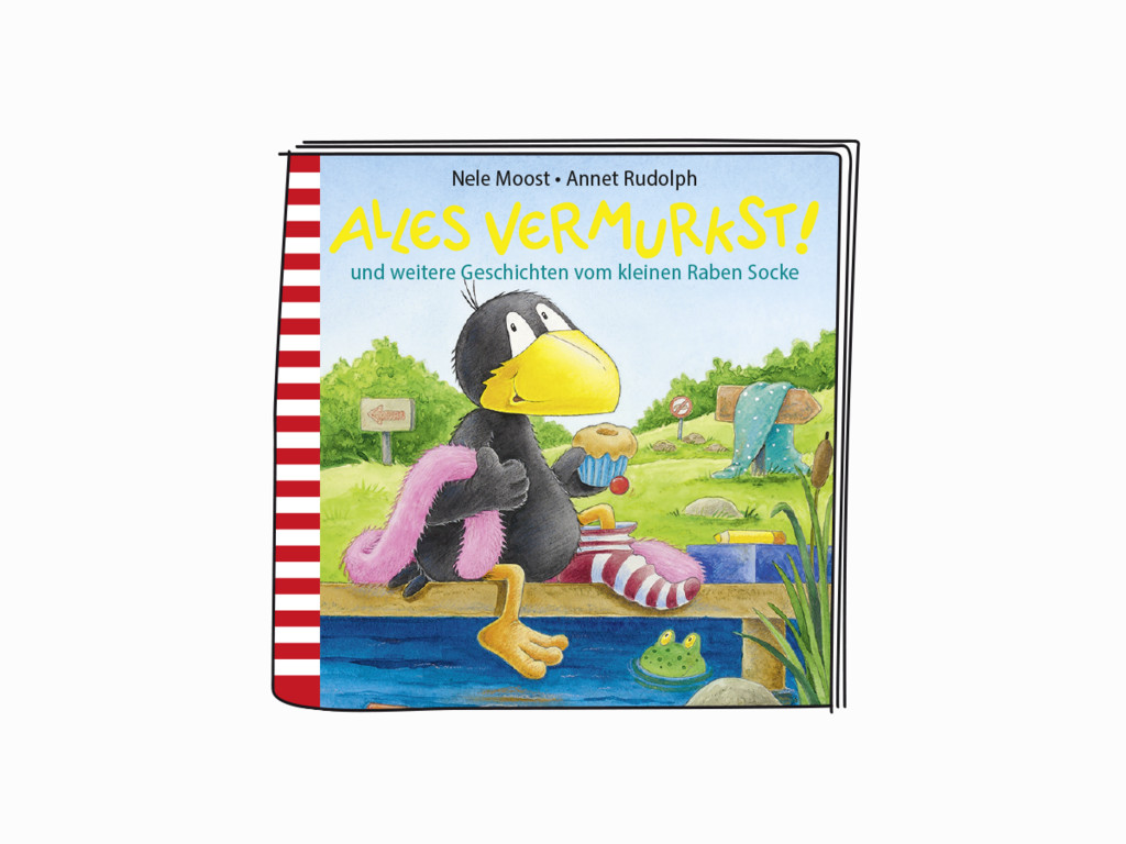 Buchcover-Illustration eines schwarzen Raben mit Cupcake und rosa Schal. Text auf Deutsch.