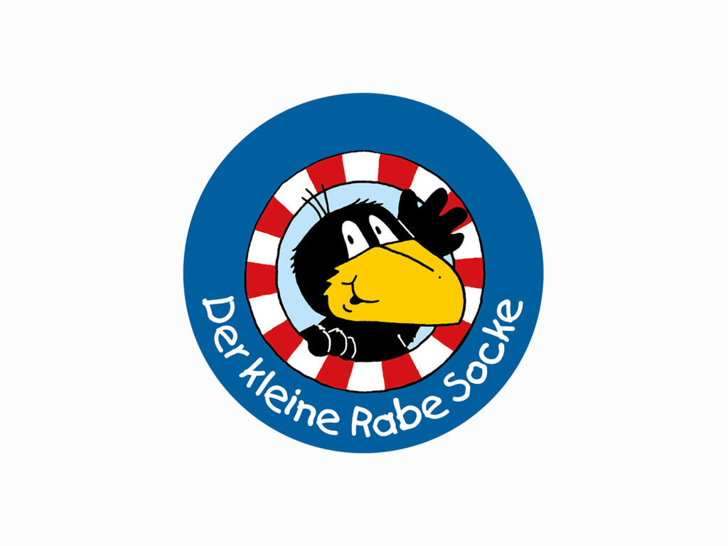 Cartoon eines schwarzen Raben mit gelbem Schnabel in blauem Kreis.